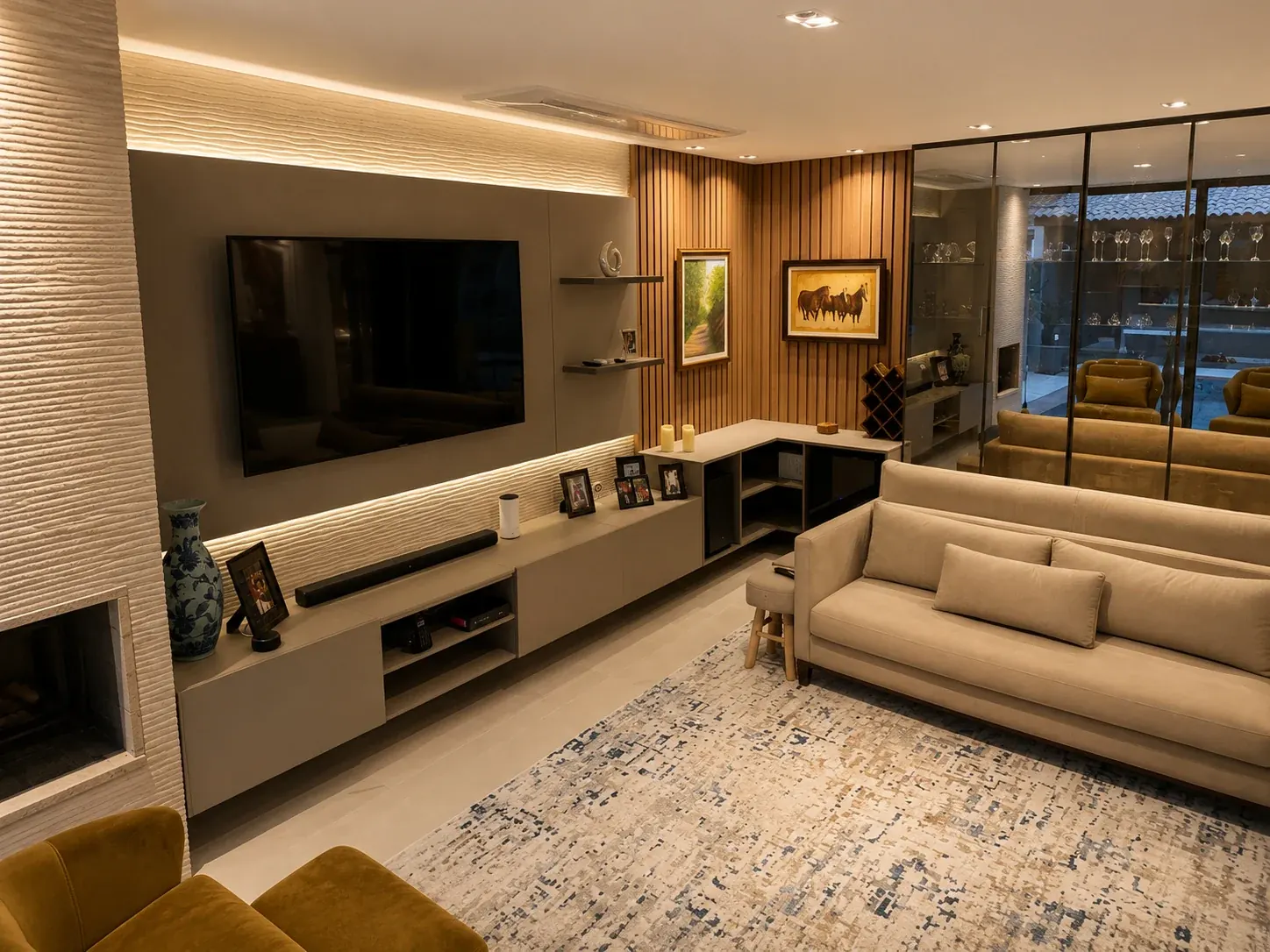 Living com painel e rack