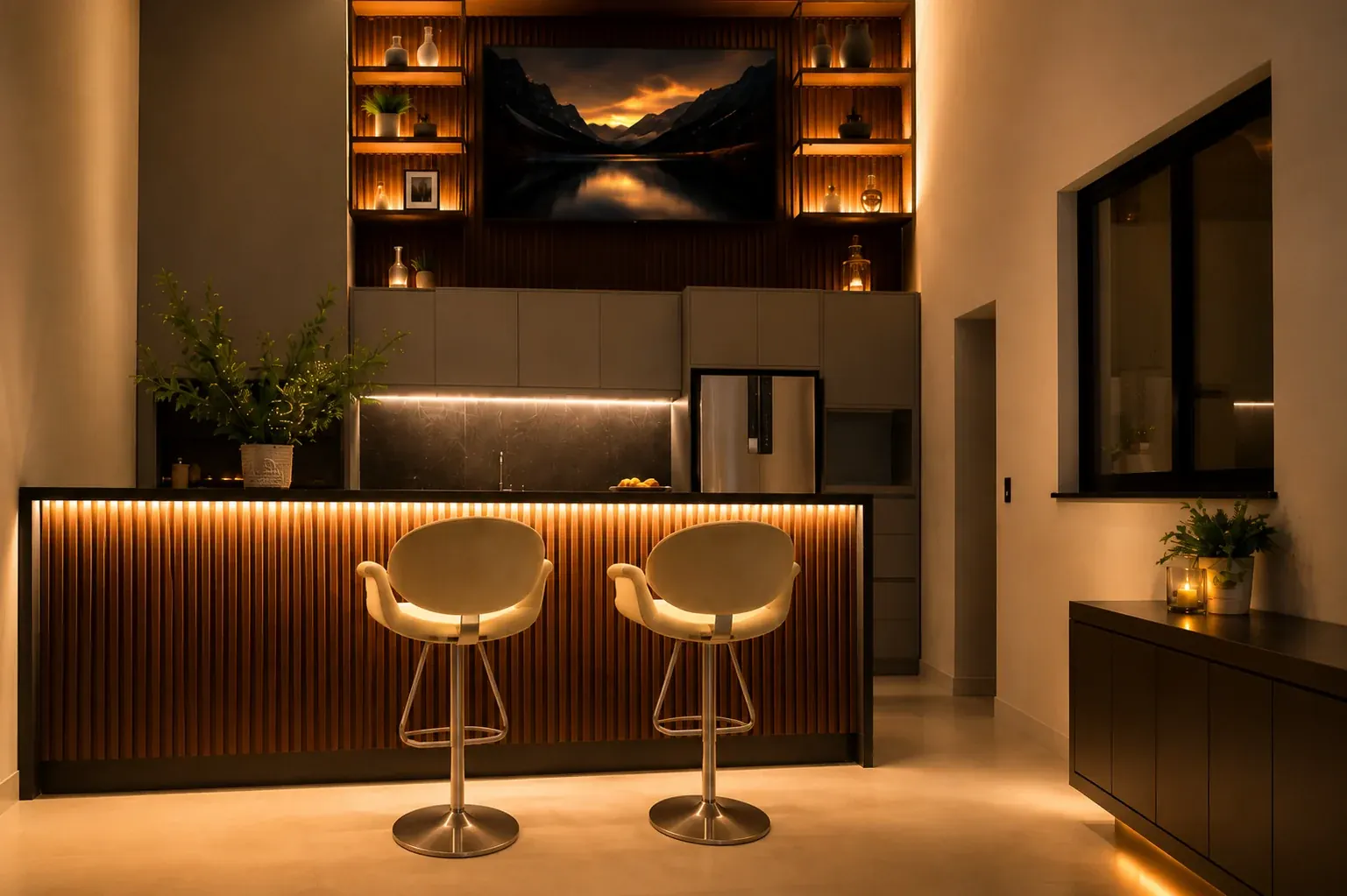 Home bar com bancada ripada